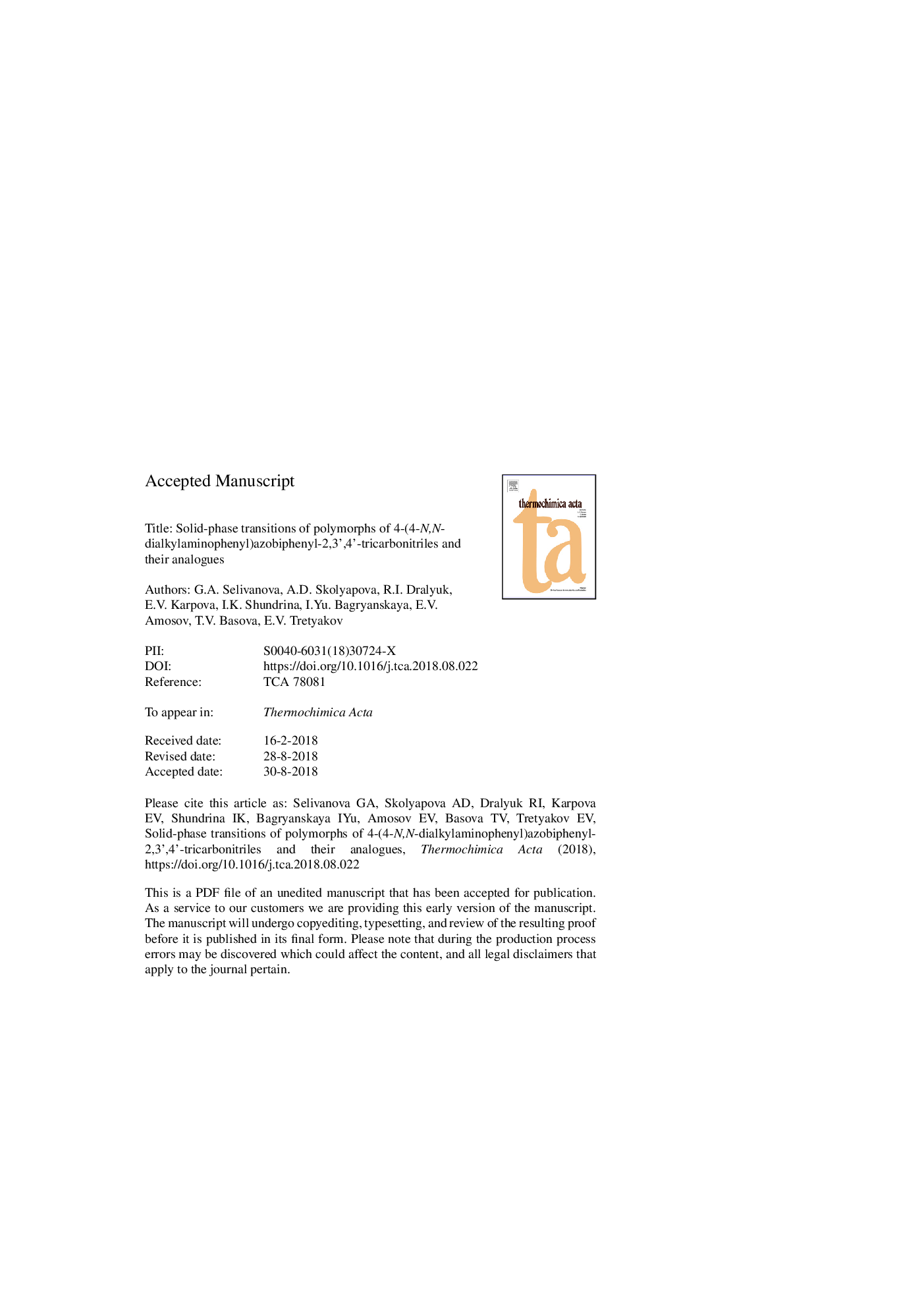 Solid-phase transitions of polymorphs of 4-(4-N,N-dialkylaminophenyl)azobiphenyl-2,3',4'-tricarbonitriles and their analogues