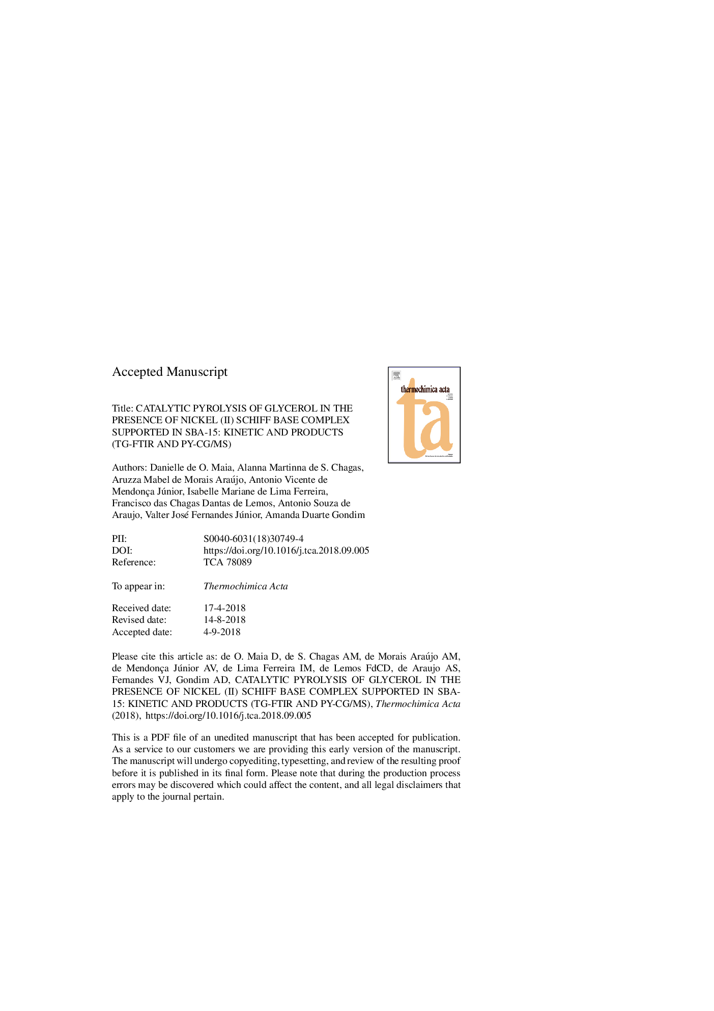 Catalytic pyrolysis of glycerol in the presence of Nickel (II) Schiff base complex supported in SBA-15: Kinetic and products (TG-FTIR and PY-CG/MS)