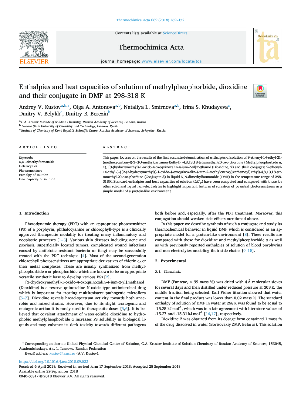 Enthalpies and heat capacities of solution of methylpheophorbide, dioxidine and their conjugate in DMF at 298-318 K
