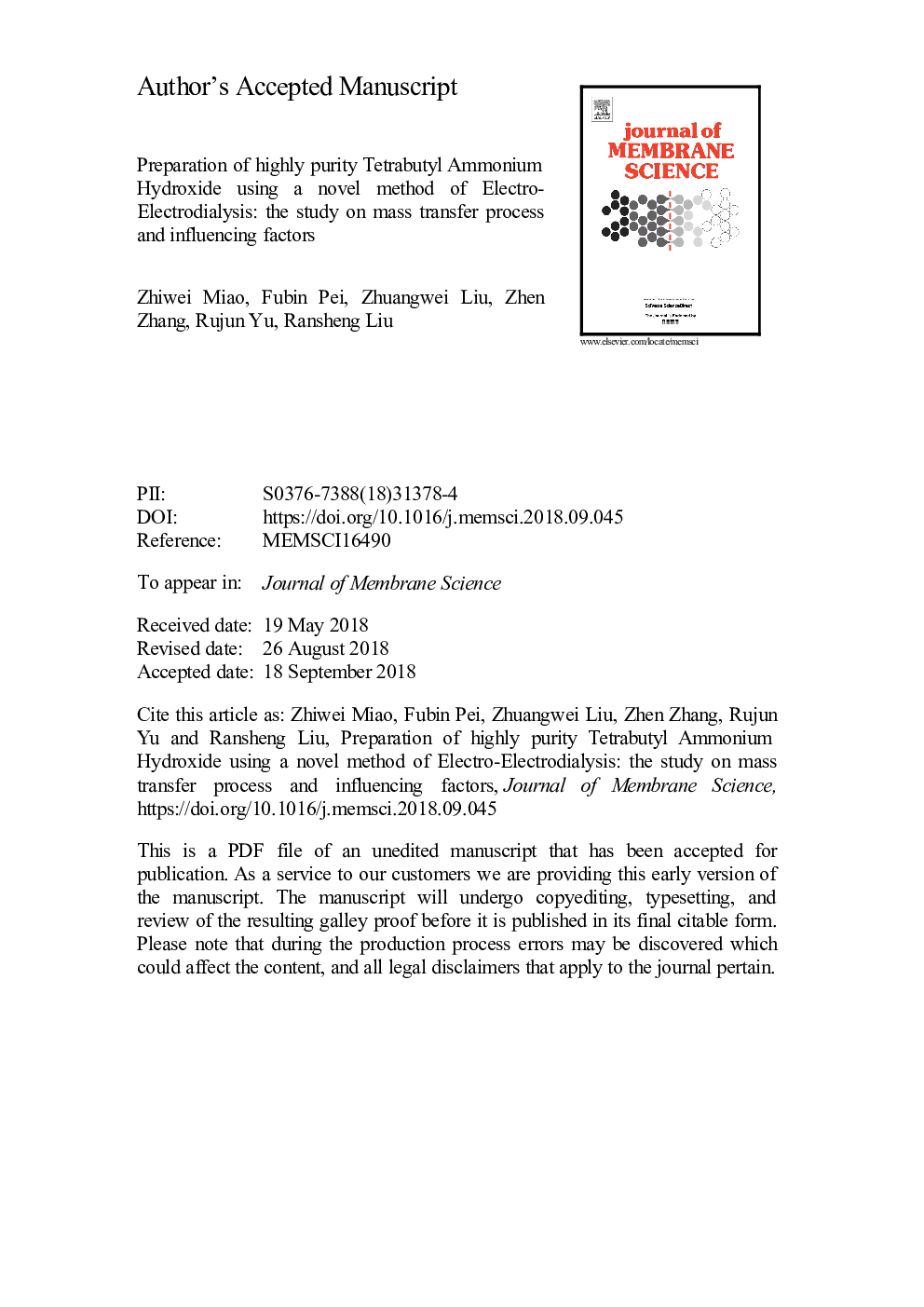 Preparation of highly purity Tetrabutyl Ammonium Hydroxide using a novel method of Electro-Electrodialysis: The study on mass transfer process and influencing factors