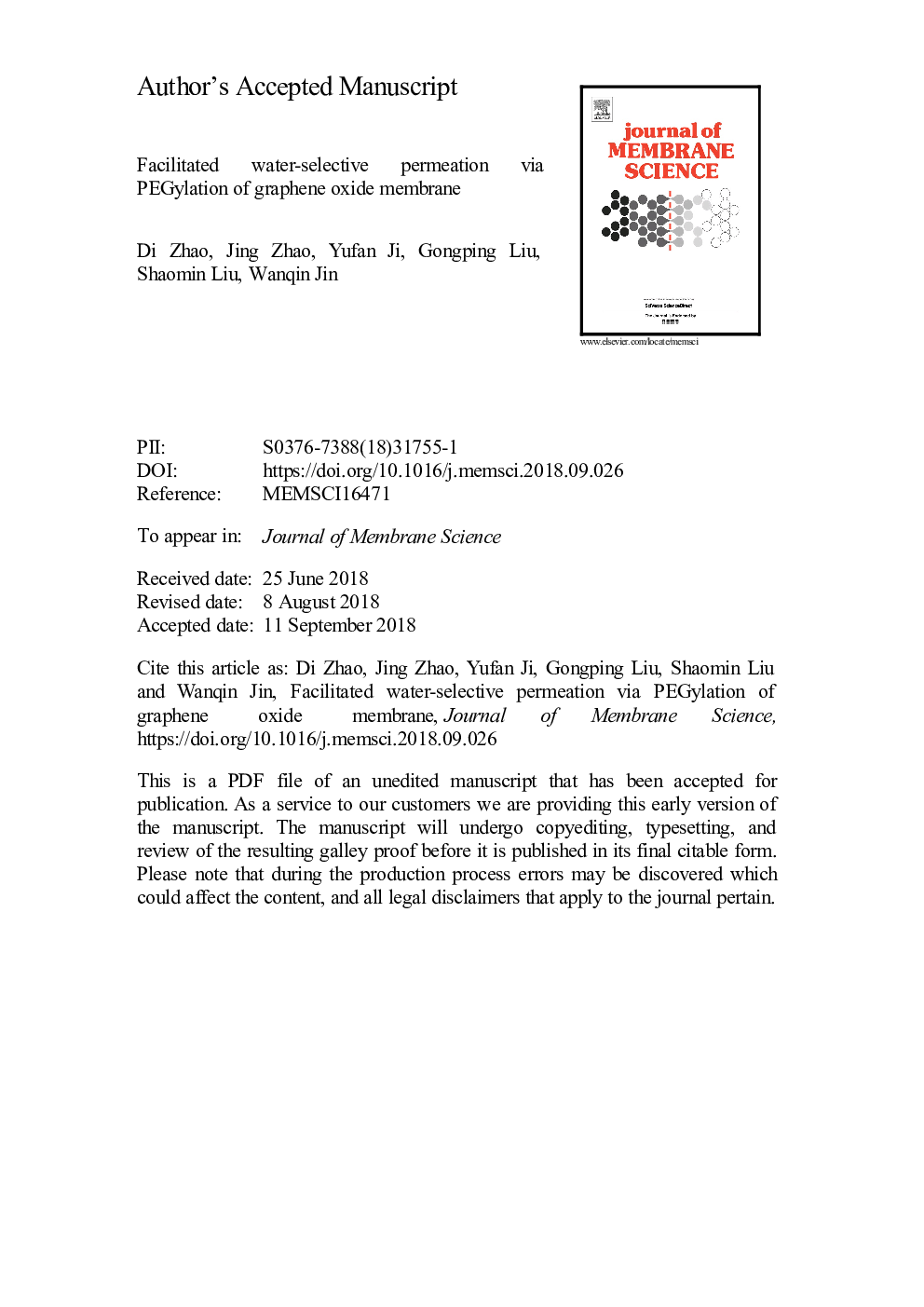 Facilitated water-selective permeation via PEGylation of graphene oxide membrane