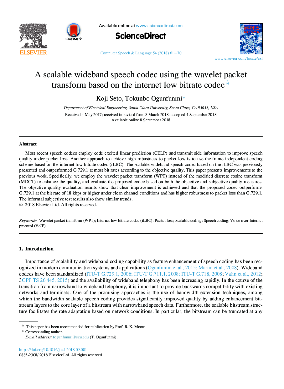 A scalable wideband speech codec using the wavelet packet transform based on the internet low bitrate codec