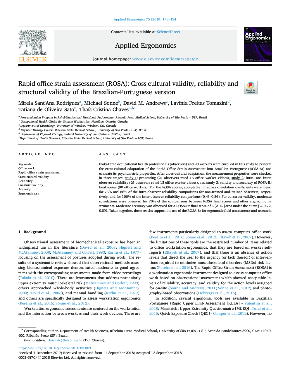 Rapid office strain assessment (ROSA): Cross cultural validity, reliability and structural validity of the Brazilian-Portuguese version