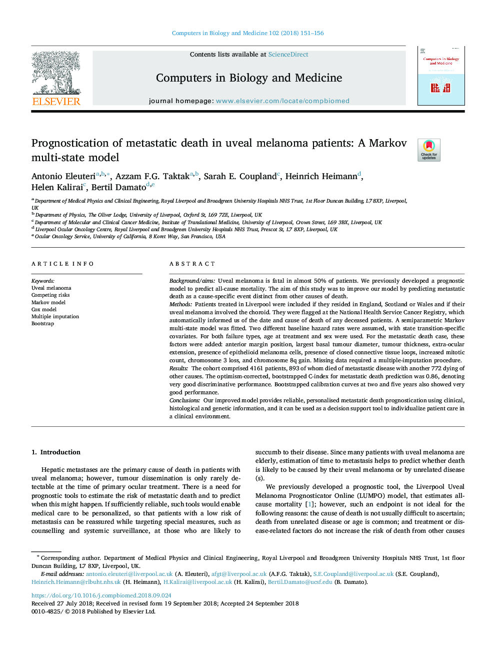 Prognostication of metastatic death in uveal melanoma patients: A Markov multi-state model