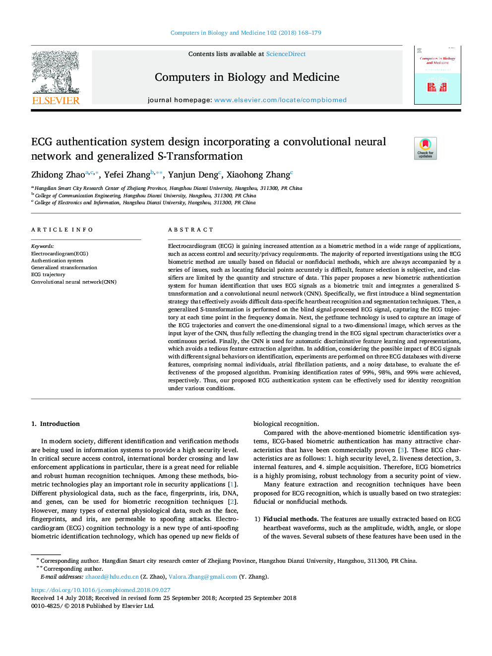 ECG authentication system design incorporating a convolutional neural network and generalized S-Transformation