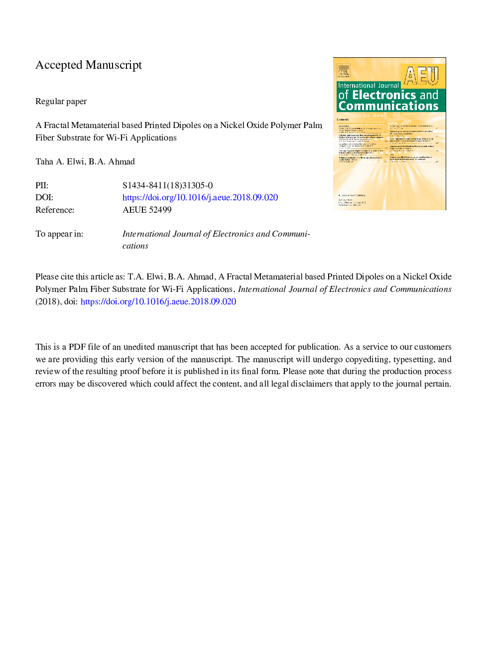 A fractal metamaterial based printed dipoles on a nickel oxide polymer palm fiber substrate for Wi-Fi applications