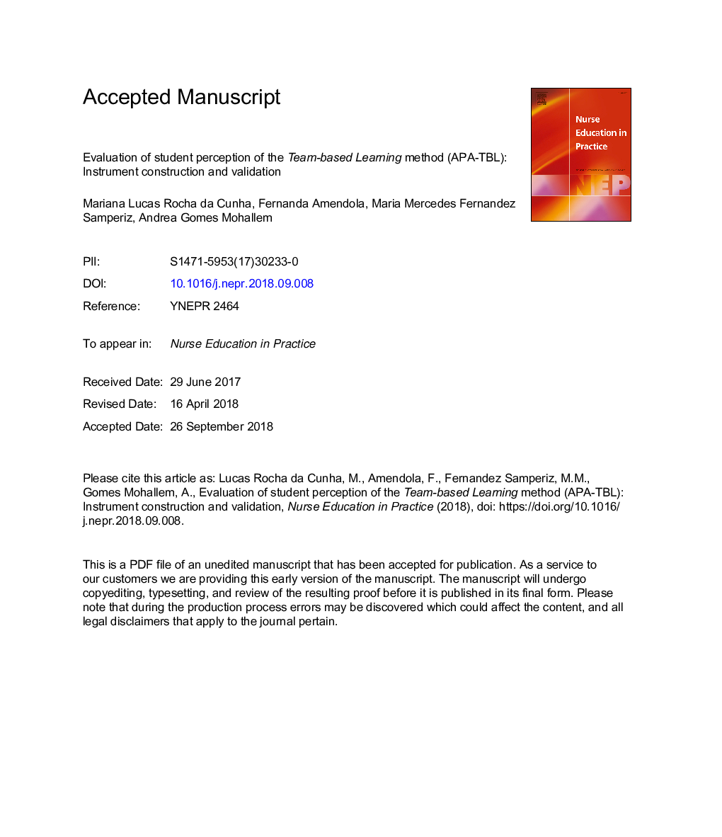 Evaluation of student perception of the Team-based Learning method (APA-TBL): Instrument construction and validation