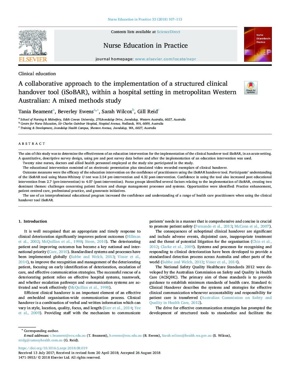 A collaborative approach to the implementation of a structured clinical handover tool (iSoBAR), within a hospital setting in metropolitan Western Australian: A mixed methods study