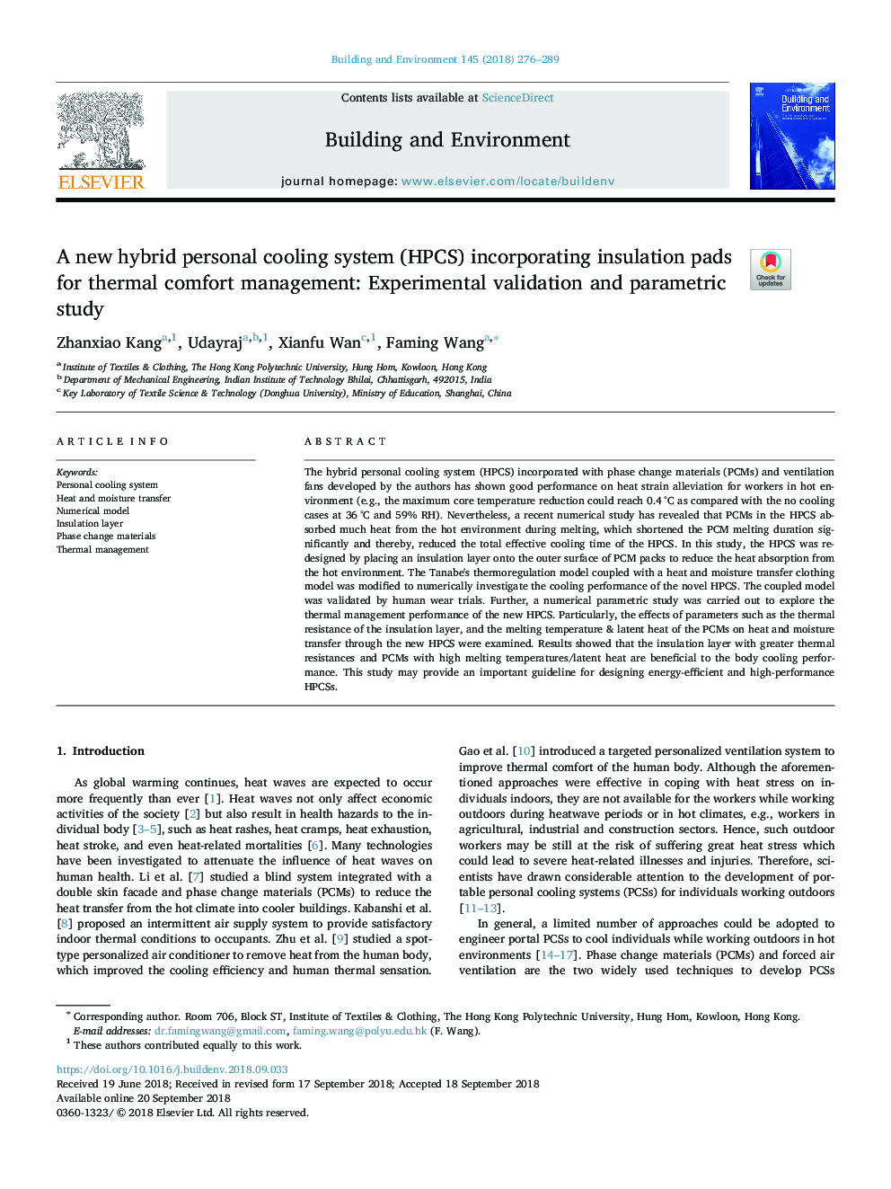 A new hybrid personal cooling system (HPCS) incorporating insulation pads for thermal comfort management: Experimental validation and parametric study