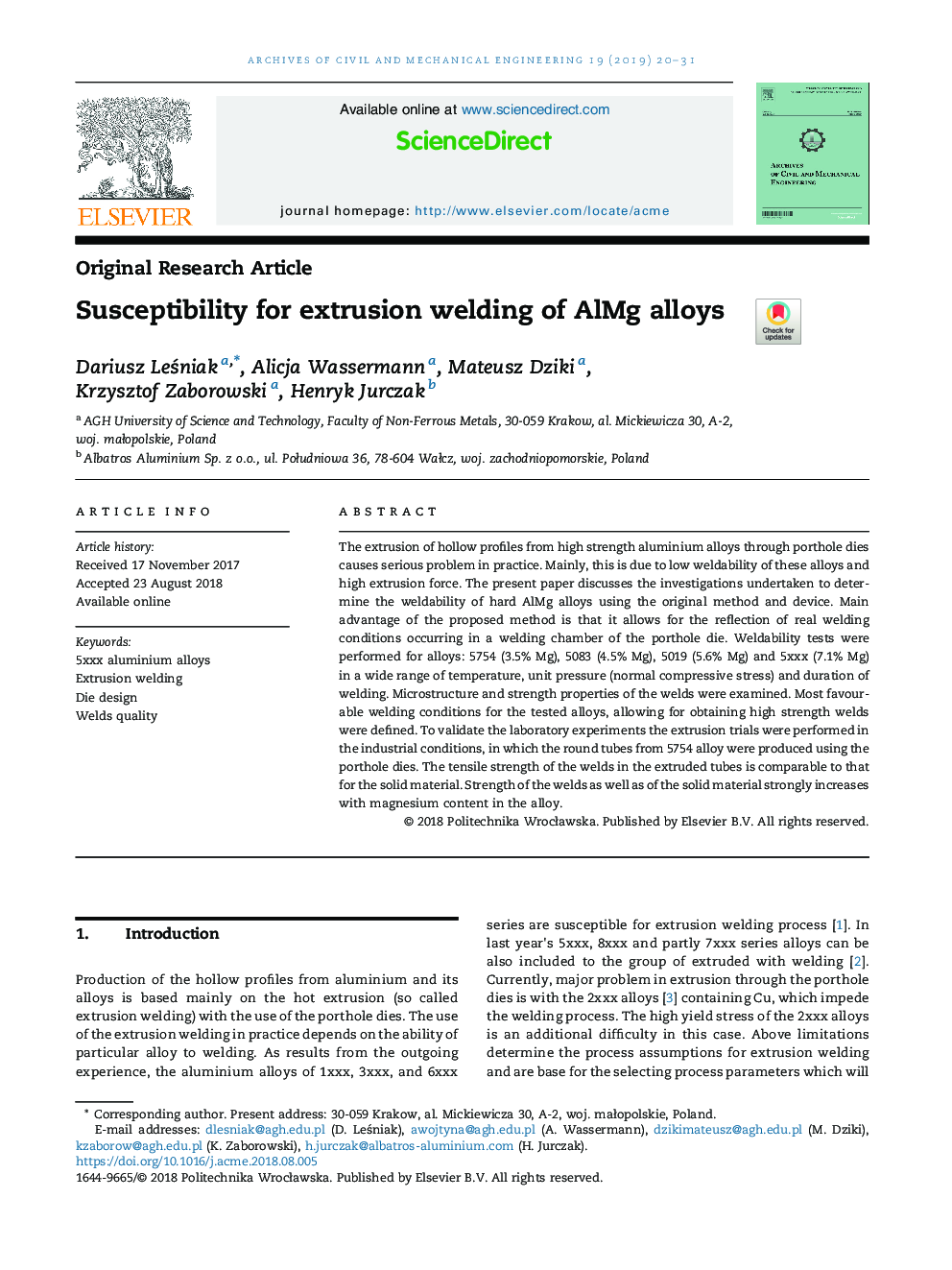 Susceptibility for extrusion welding of AlMg alloys