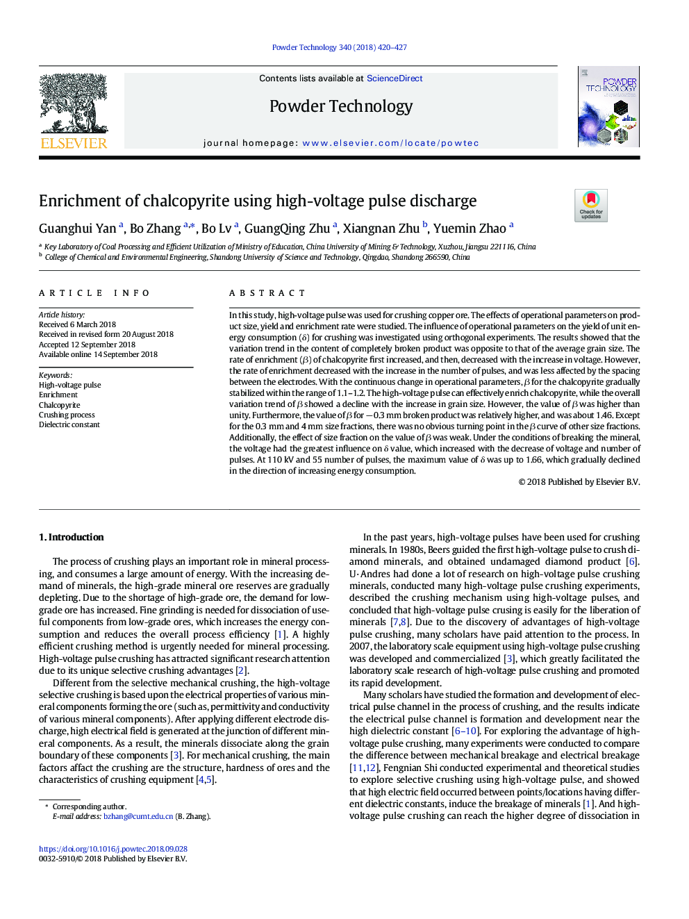Enrichment of chalcopyrite using high-voltage pulse discharge