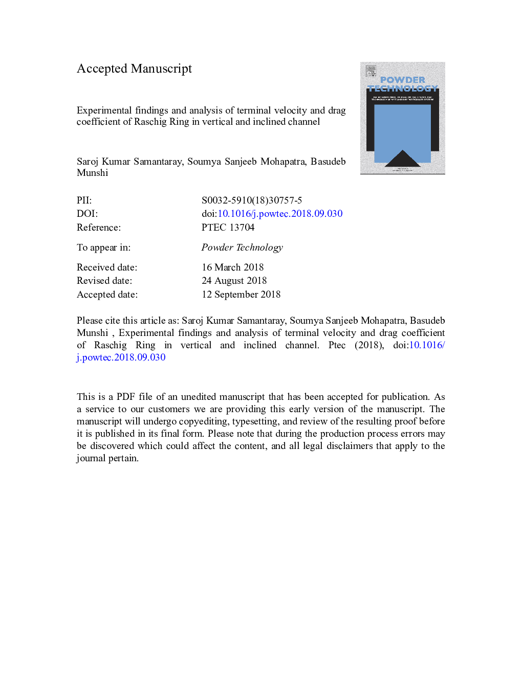 Experimental findings and analysis of terminal velocity and drag coefficient of Raschig Ring in vertical and inclined channel