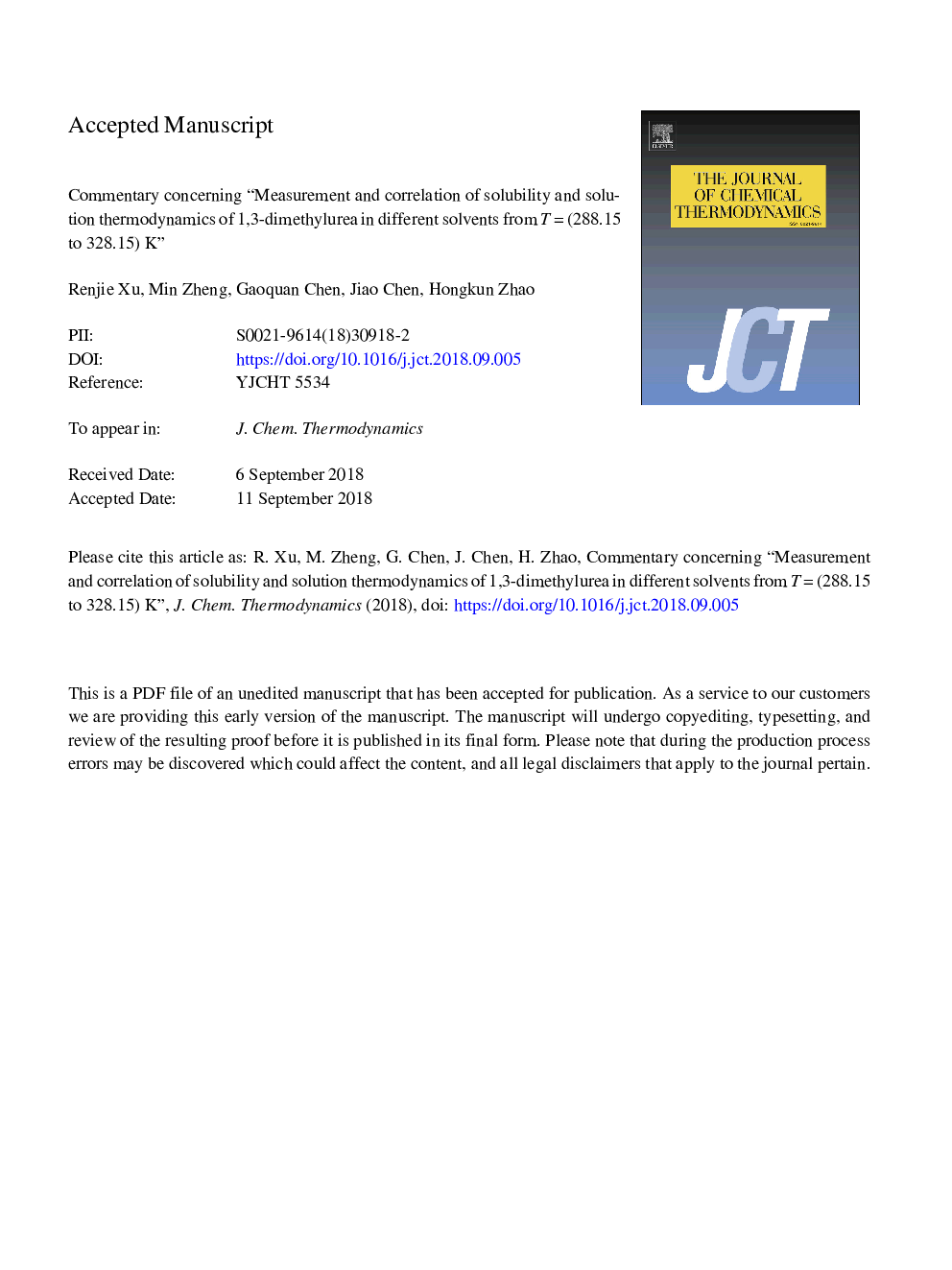 Commentary concerning “measurement and correlation of solubility and solution thermodynamics of 1,3-dimethylurea in different solvents from Tâ¯=â¯(288.15 to 328.15) K”