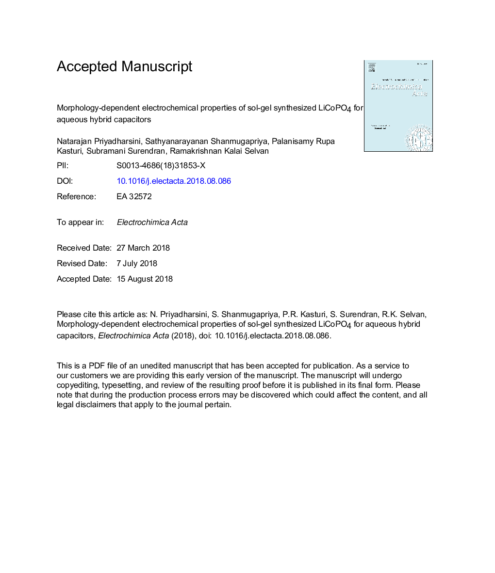 Morphology-dependent electrochemical properties of sol-gel synthesized LiCoPO4 for aqueous hybrid capacitors