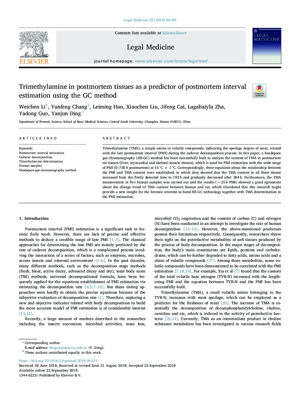 Trimethylamine in postmortem tissues as a predictor of postmortem interval estimation using the GC method