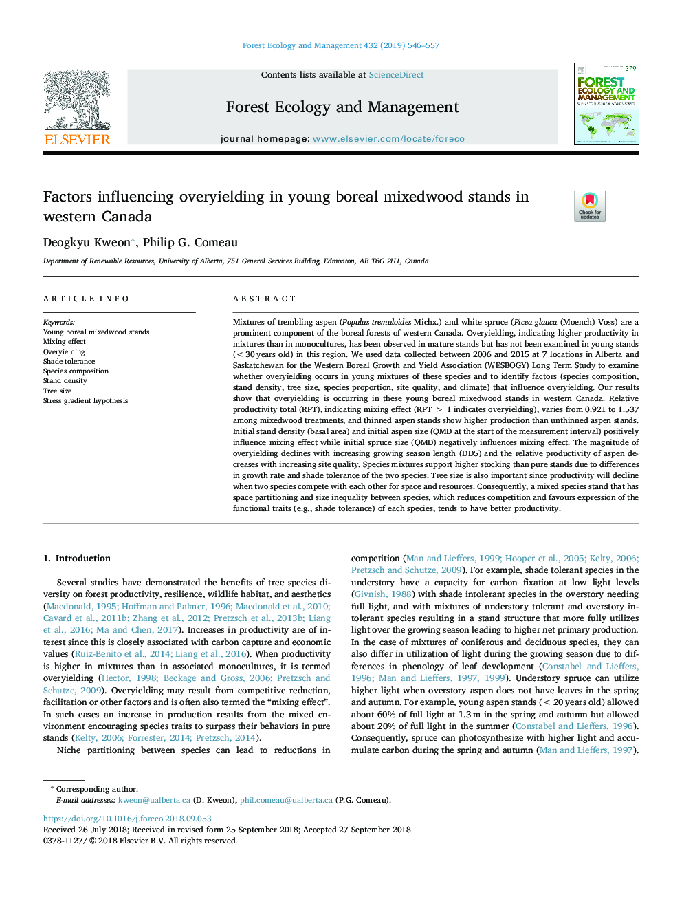 Factors influencing overyielding in young boreal mixedwood stands in western Canada