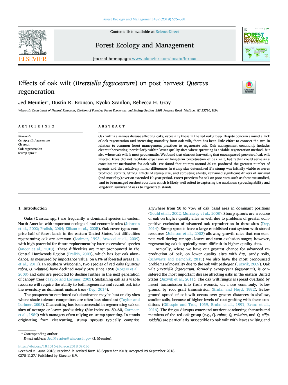 Effects of oak wilt (Bretziella fagacearum) on post harvest Quercus regeneration