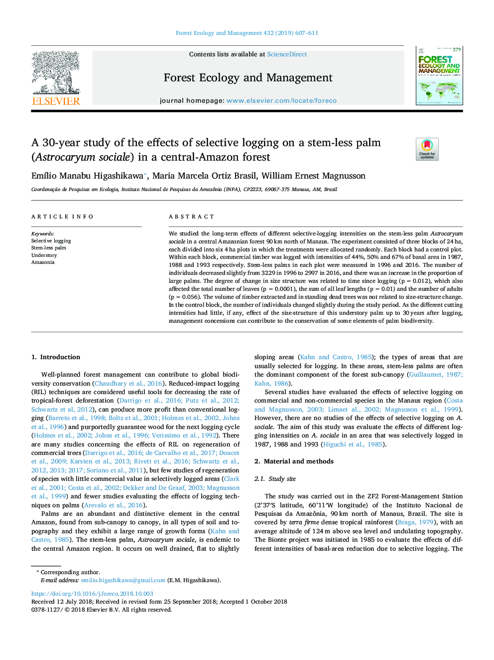 A 30-year study of the effects of selective logging on a stem-less palm (Astrocaryum sociale) in a central-Amazon forest