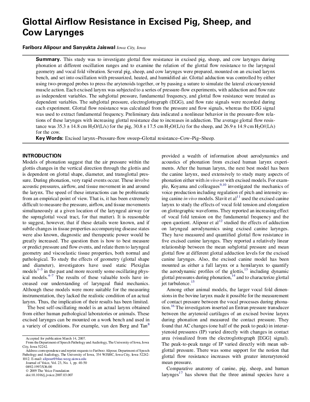 Glottal Airflow Resistance in Excised Pig, Sheep, and Cow Larynges