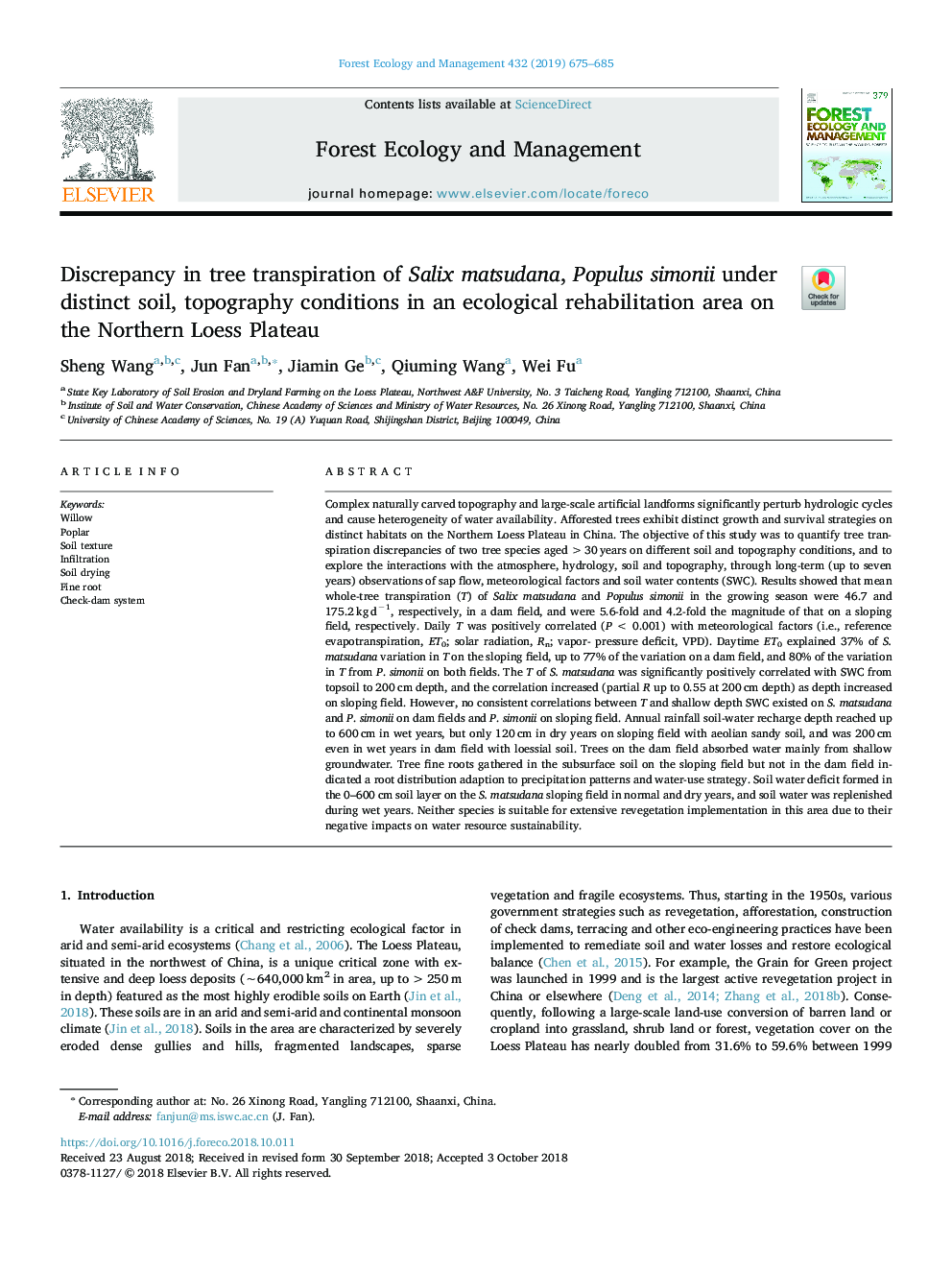 Discrepancy in tree transpiration of Salix matsudana, Populus simonii under distinct soil, topography conditions in an ecological rehabilitation area on the Northern Loess Plateau