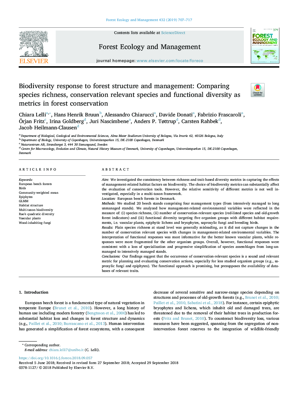 Biodiversity response to forest structure and management: Comparing species richness, conservation relevant species and functional diversity as metrics in forest conservation