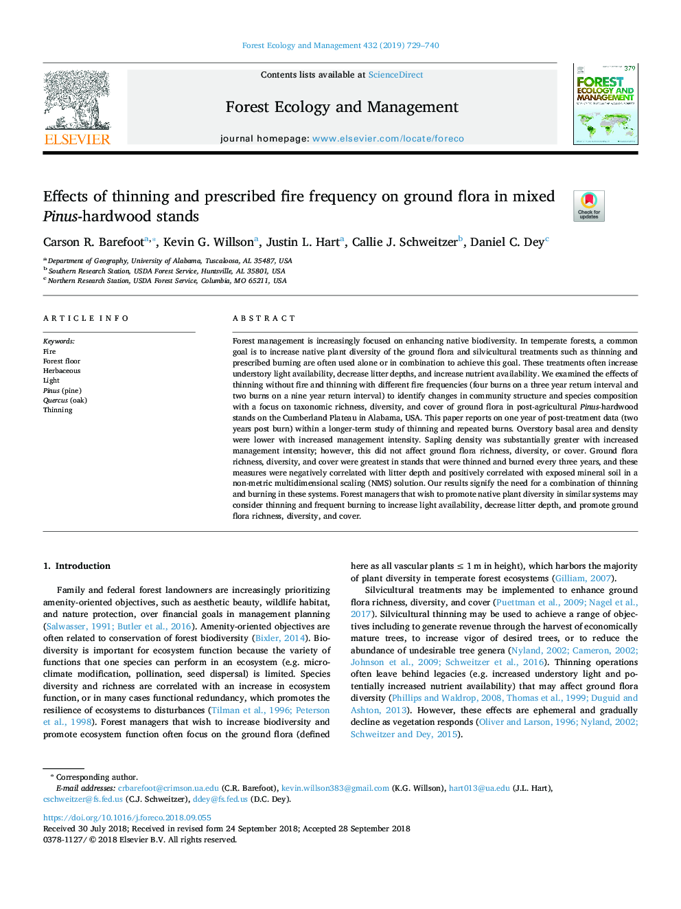 Effects of thinning and prescribed fire frequency on ground flora in mixed Pinus-hardwood stands