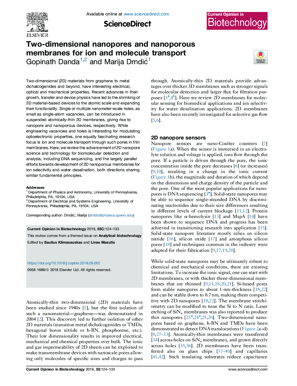 Two-dimensional nanopores and nanoporous membranes for ion and molecule transport