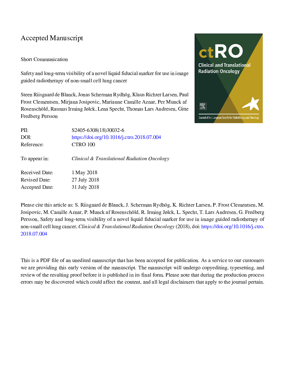 Long term safety and visibility of a novel liquid fiducial marker for use in image guided radiotherapy of non-small cell lung cancer