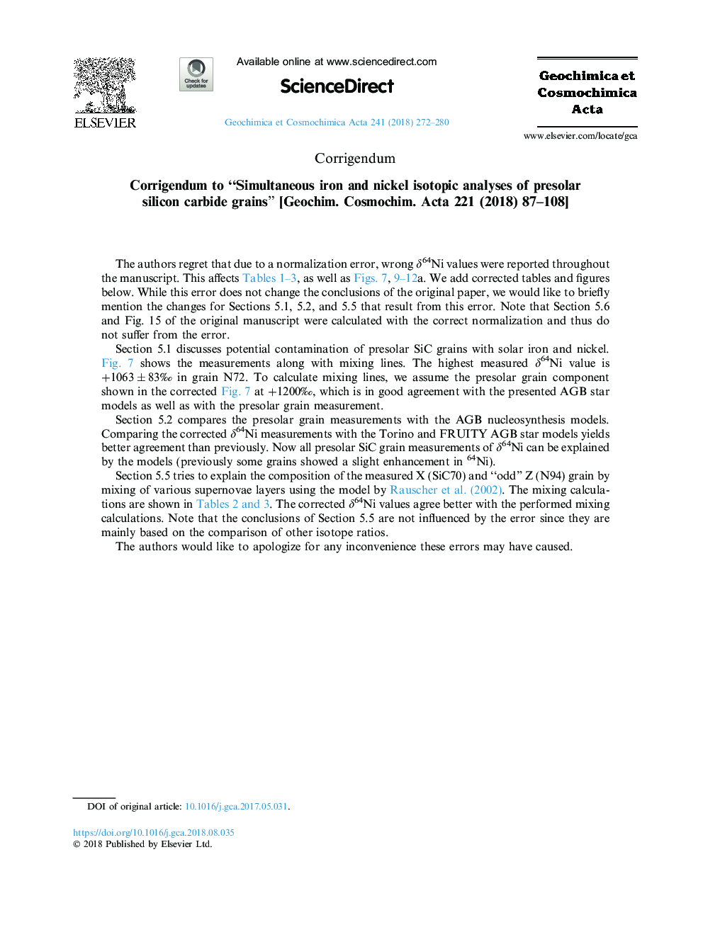 Corrigendum to “Simultaneous iron and nickel isotopic analyses of presolar silicon carbide grains” [Geochim. Cosmochim. Acta 221 (2018) 87-108]