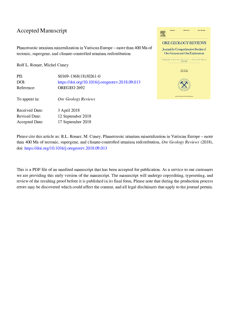 Phanerozoic uranium mineralization in Variscan Europe - More than 400â¯Ma of tectonic, supergene, and climate-controlled uranium redistribution