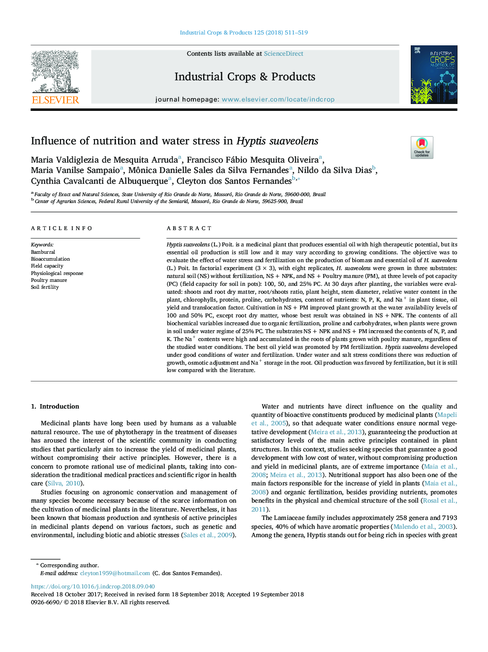 Influence of nutrition and water stress in Hyptis suaveolens