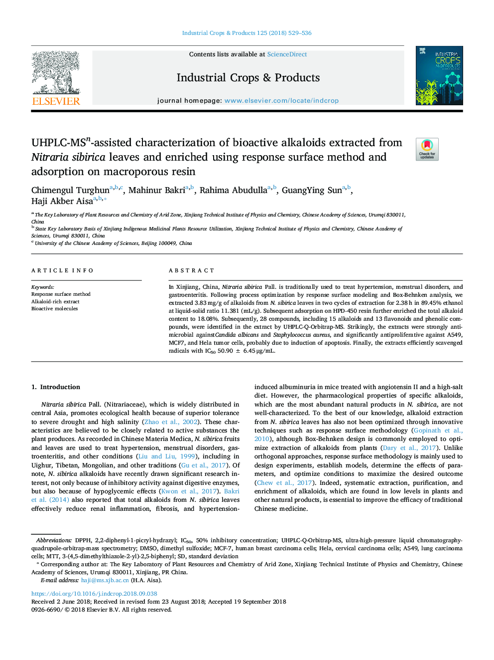 UHPLC-MSn-assisted characterization of bioactive alkaloids extracted from Nitraria sibirica leaves and enriched using response surface method and adsorption on macroporous resin