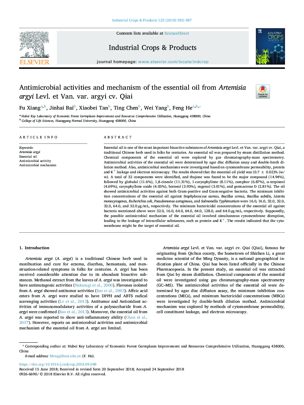 Antimicrobial activities and mechanism of the essential oil from Artemisia argyi Levl. et Van. var. argyi cv. Qiai