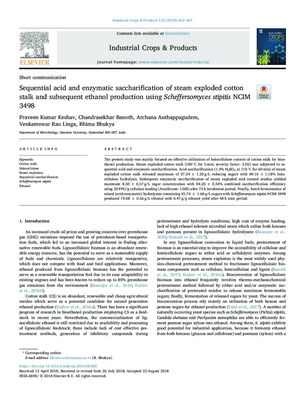 Sequential acid and enzymatic saccharification of steam exploded cotton stalk and subsequent ethanol production using Scheffersomyces stipitis NCIM 3498