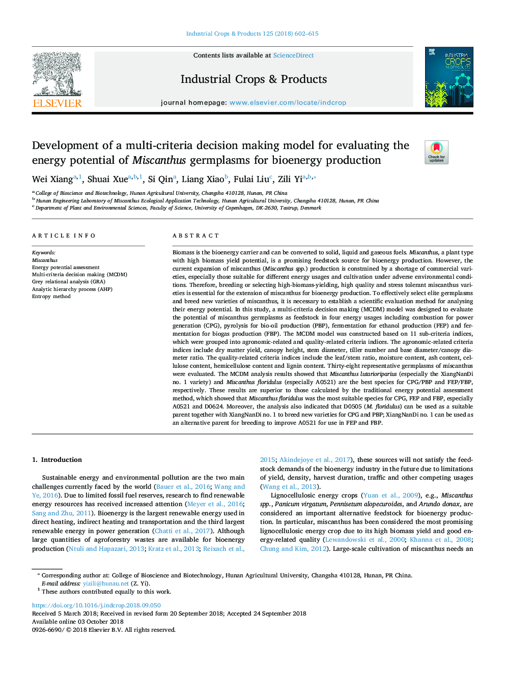 Development of a multi-criteria decision making model for evaluating the energy potential of Miscanthus germplasms for bioenergy production