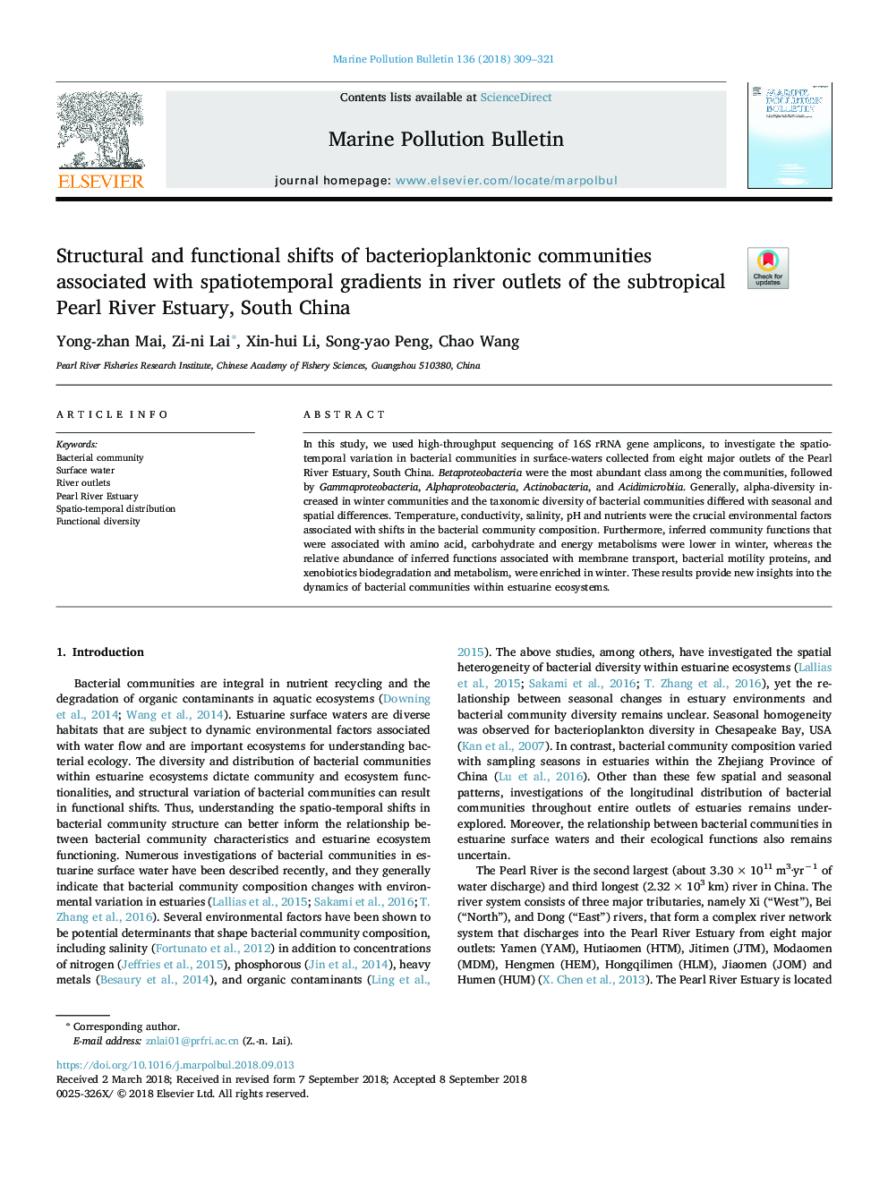 تغییرات ساختاری و عملکردی جوامع باکتریوپلانکتون در ارتباط با شیب اسپتیوتی مگسی در رودخانه های رودخانه رودخانه مروارید نیمه گرمسیری، جنوب چین