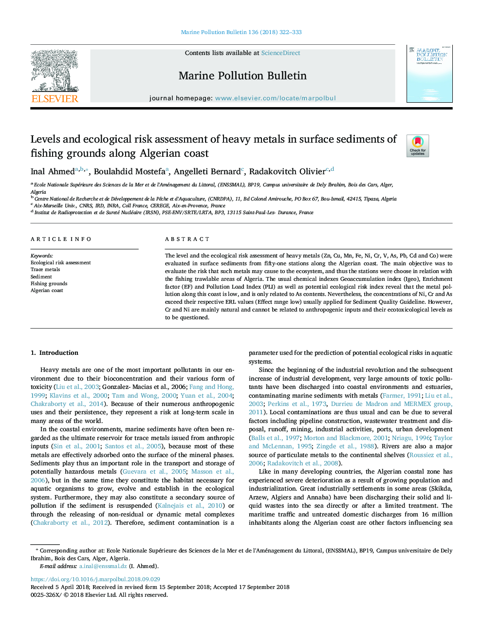 Levels and ecological risk assessment of heavy metals in surface sediments of fishing grounds along Algerian coast