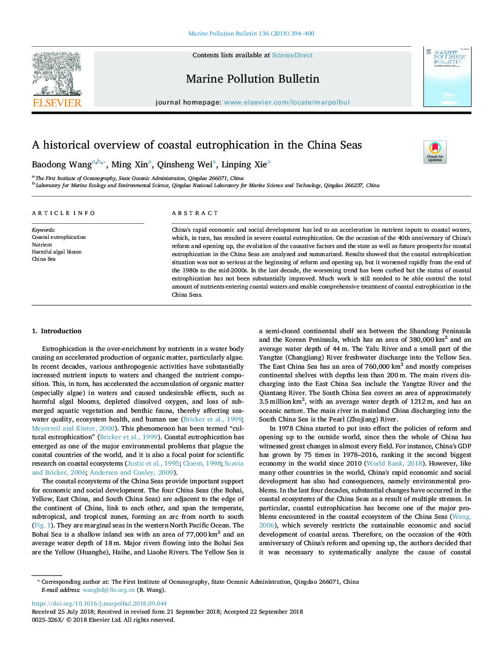 A historical overview of coastal eutrophication in the China Seas