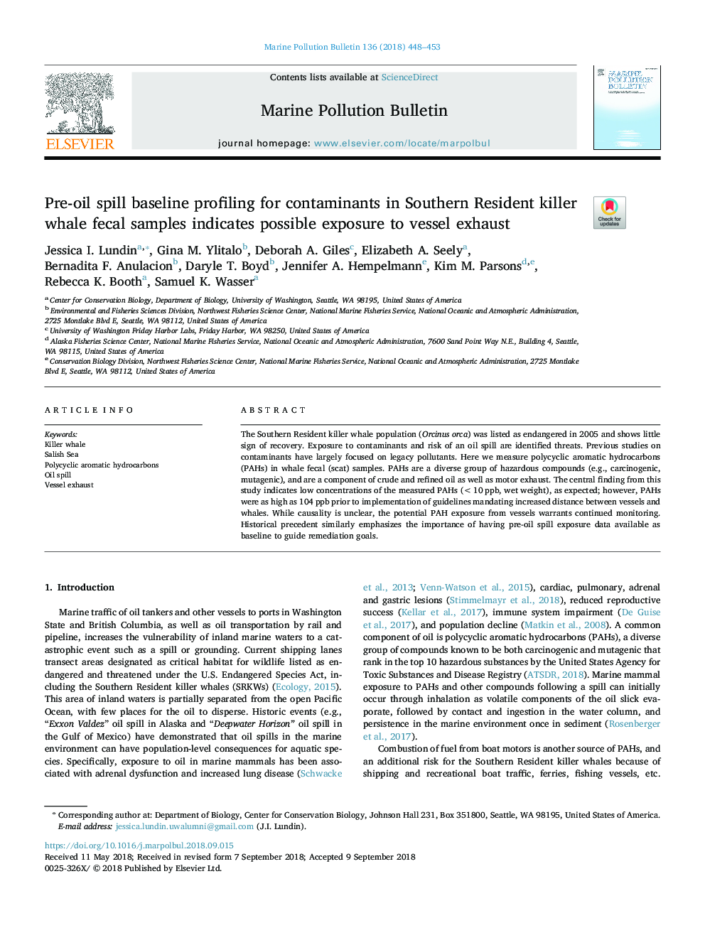 Pre-oil spill baseline profiling for contaminants in Southern Resident killer whale fecal samples indicates possible exposure to vessel exhaust