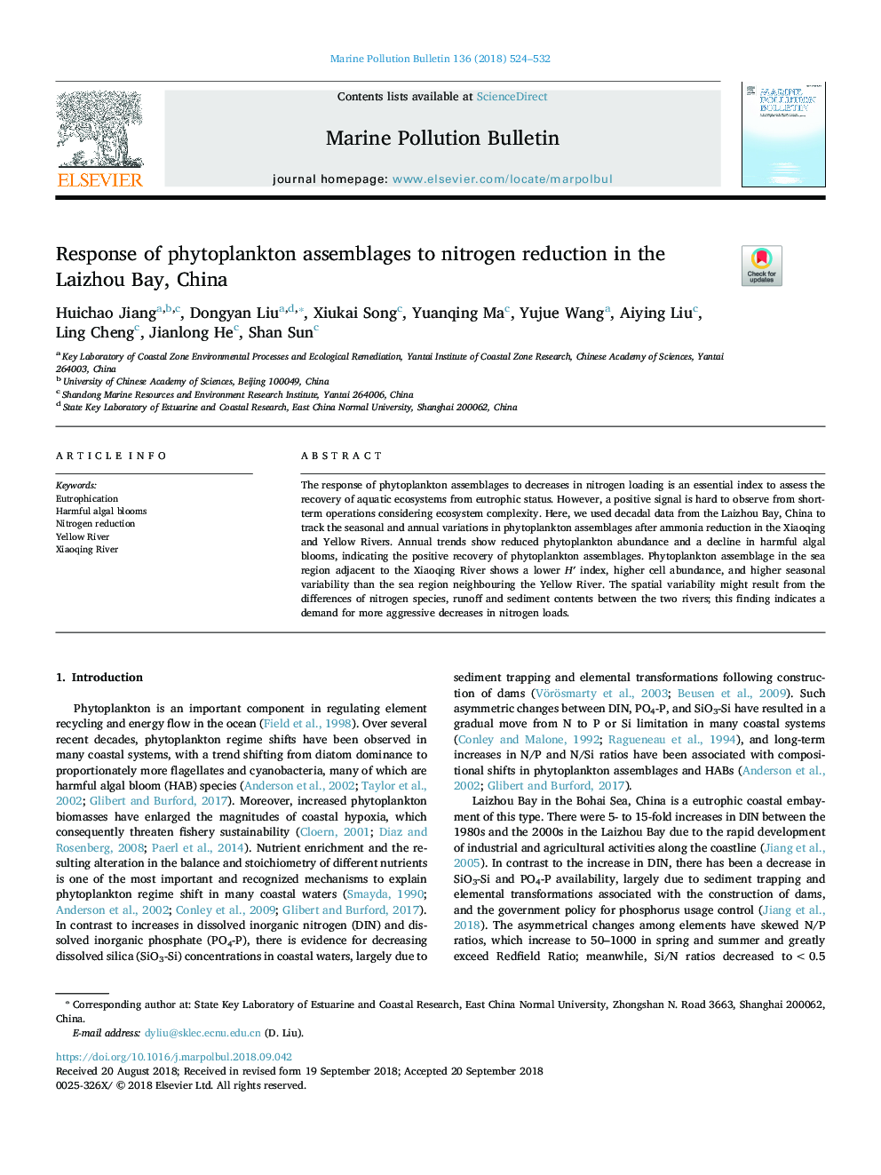 Response of phytoplankton assemblages to nitrogen reduction in the Laizhou Bay, China