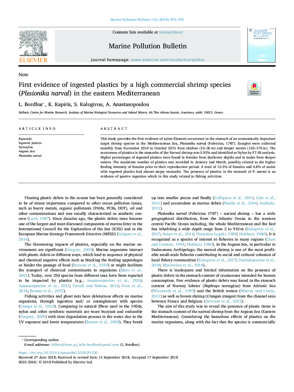 First evidence of ingested plastics by a high commercial shrimp species (Plesionika narval) in the eastern Mediterranean