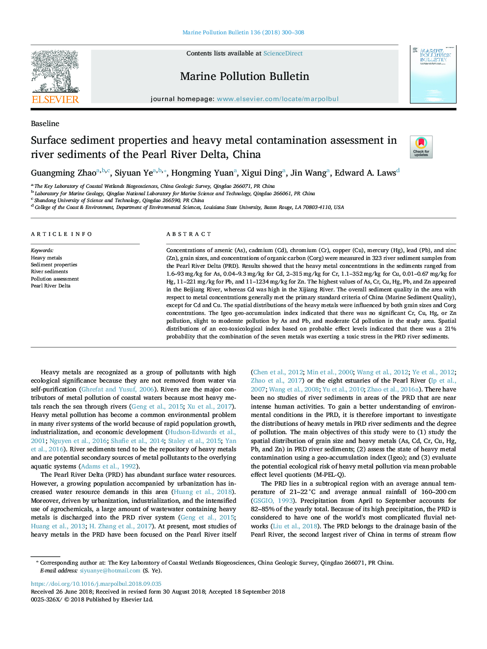 Surface sediment properties and heavy metal contamination assessment in river sediments of the Pearl River Delta, China