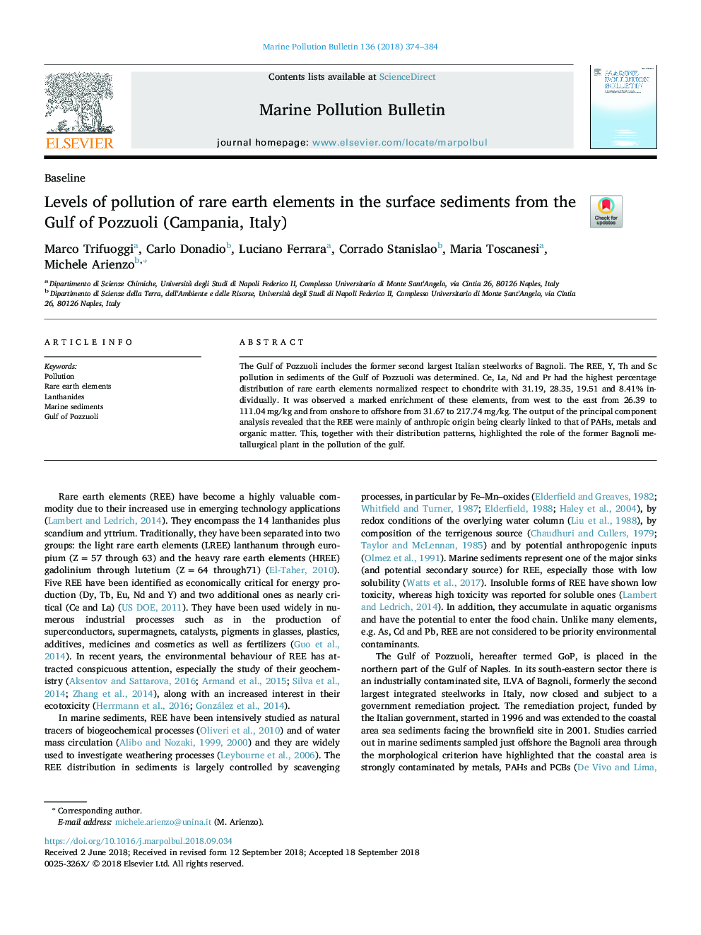 Levels of pollution of rare earth elements in the surface sediments from the Gulf of Pozzuoli (Campania, Italy)