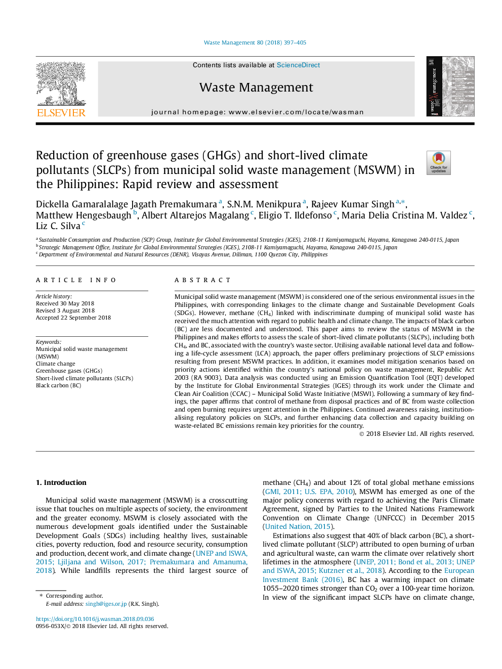 Reduction of greenhouse gases (GHGs) and short-lived climate pollutants (SLCPs) from municipal solid waste management (MSWM) in the Philippines: Rapid review and assessment