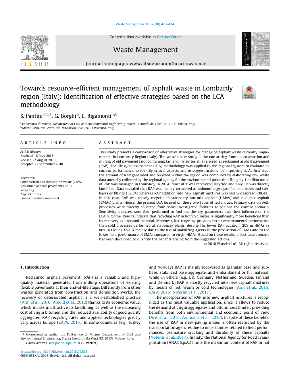 Towards resource-efficient management of asphalt waste in Lombardy region (Italy): Identification of effective strategies based on the LCA methodology