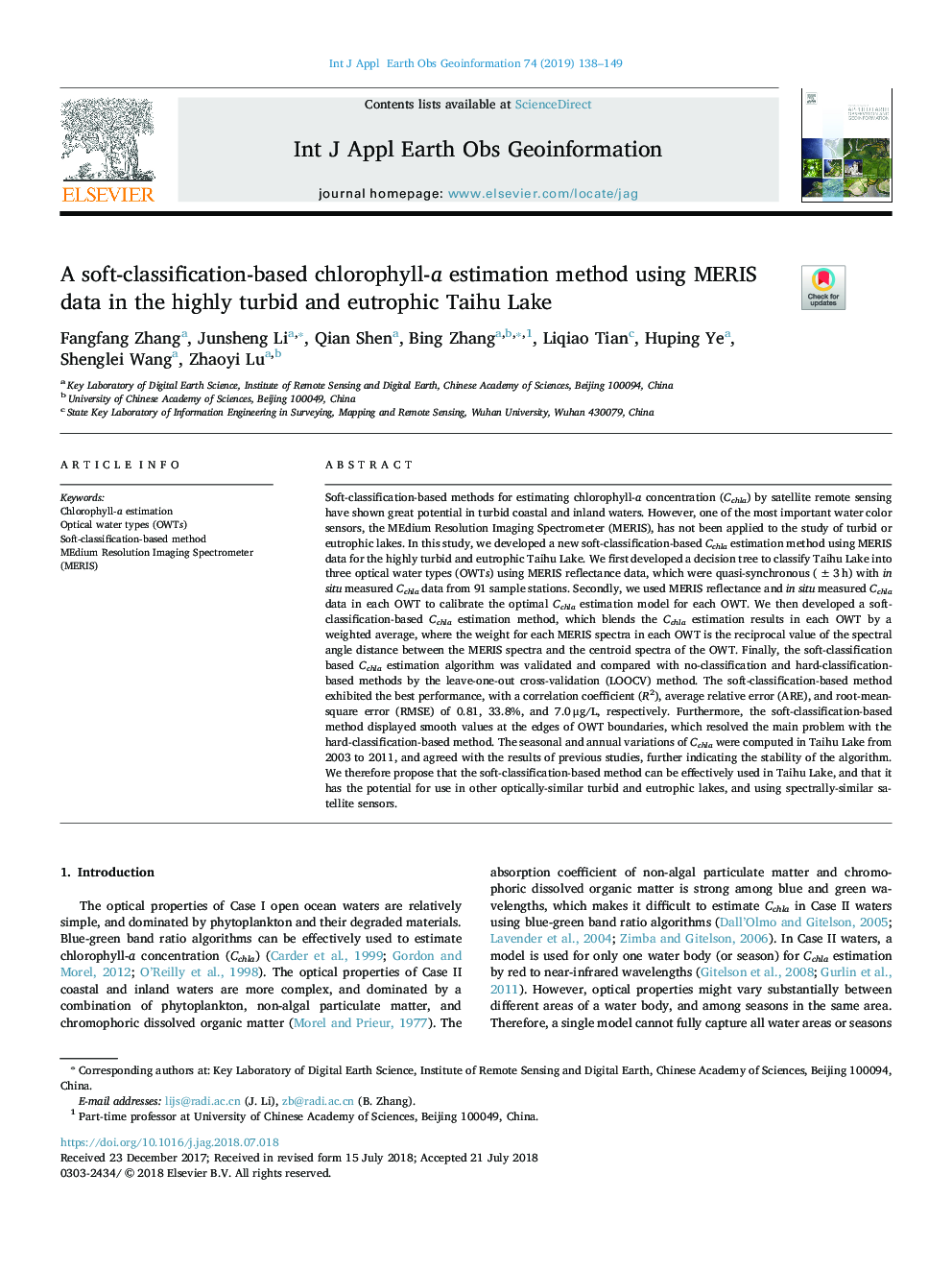 A soft-classification-based chlorophyll-a estimation method using MERIS data in the highly turbid and eutrophic Taihu Lake