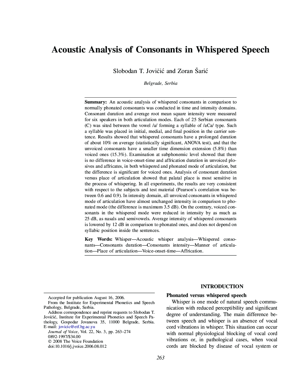 Acoustic Analysis of Consonants in Whispered Speech