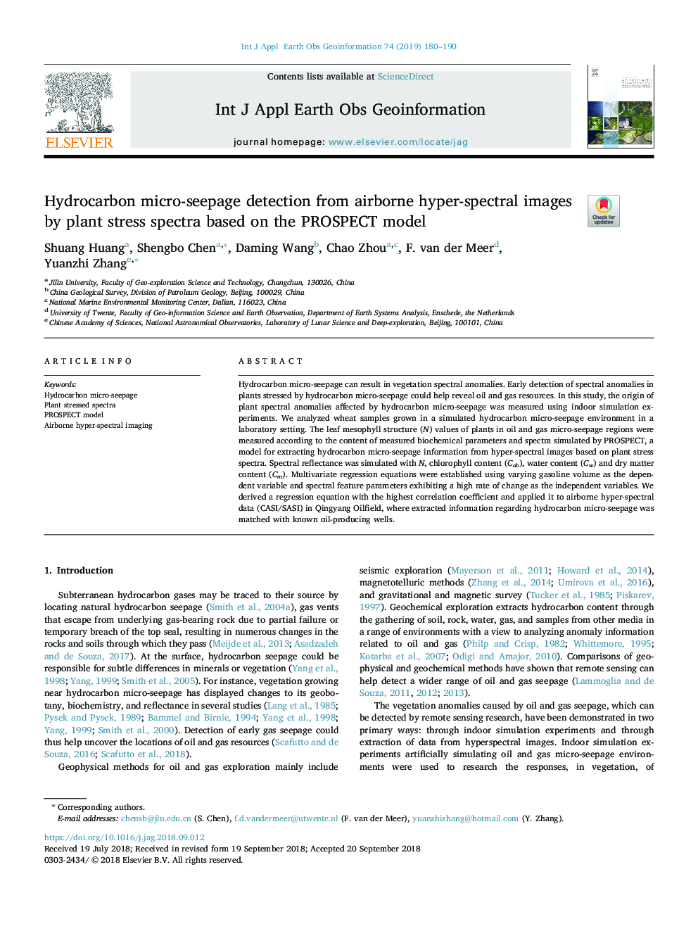 Hydrocarbon micro-seepage detection from airborne hyper-spectral images by plant stress spectra based on the PROSPECT model