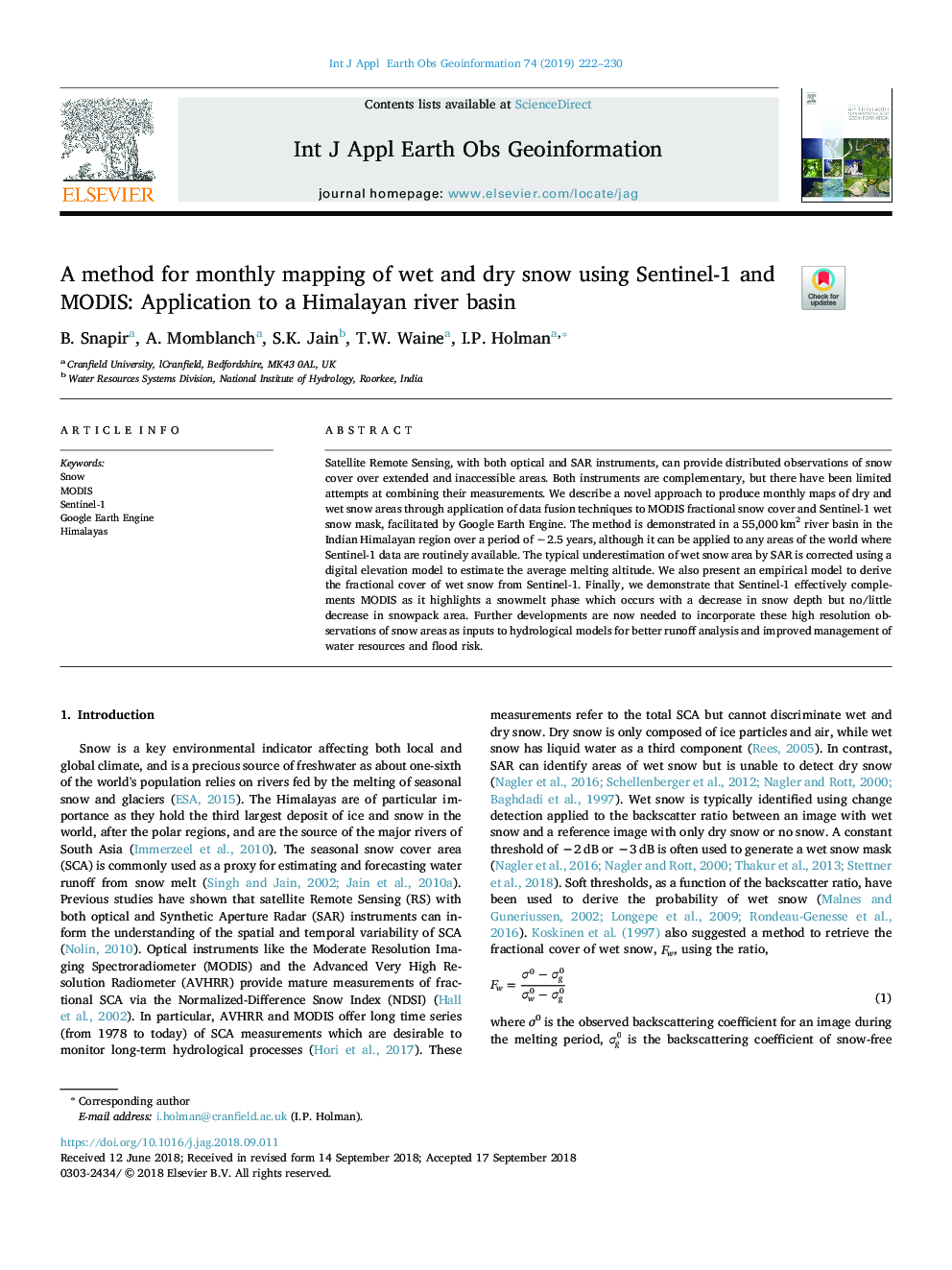 A method for monthly mapping of wet and dry snow using Sentinel-1 and MODIS: Application to a Himalayan river basin