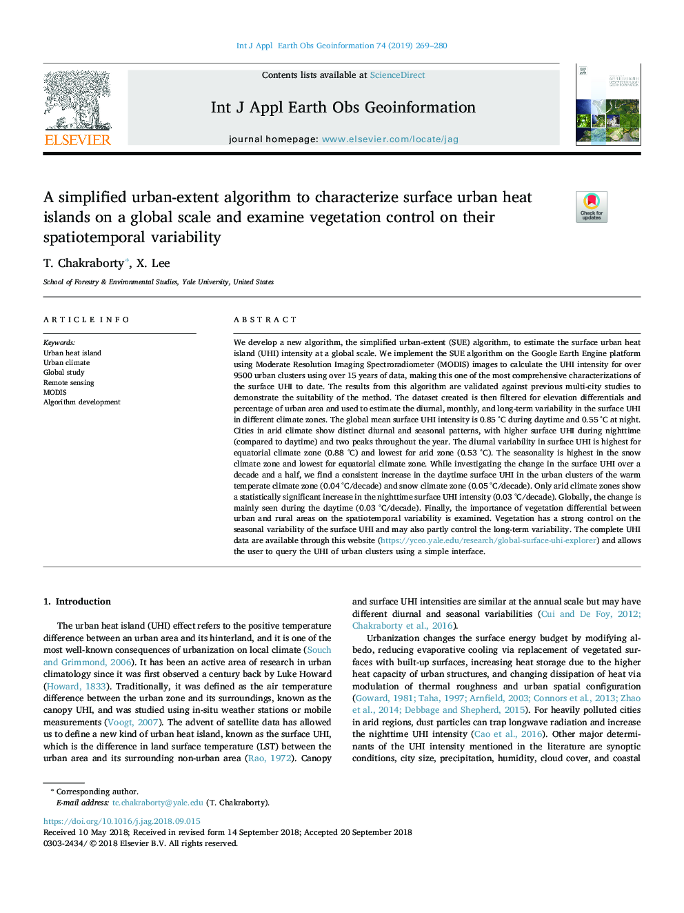 A simplified urban-extent algorithm to characterize surface urban heat islands on a global scale and examine vegetation control on their spatiotemporal variability